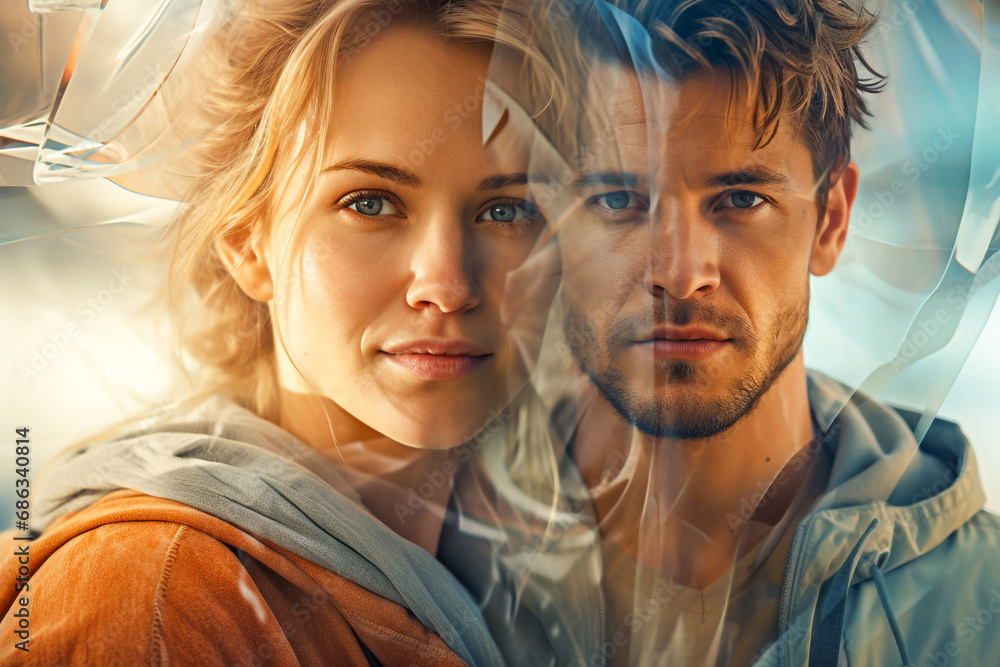 Futuristic double exposed image of two blonde people Futuristic double exposed image of two blonde people