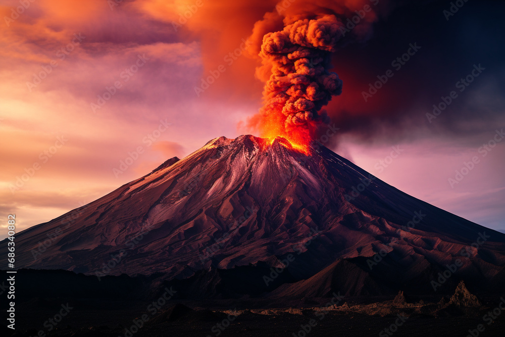 Nature concept. Landscape view of erupting volcano mountain
