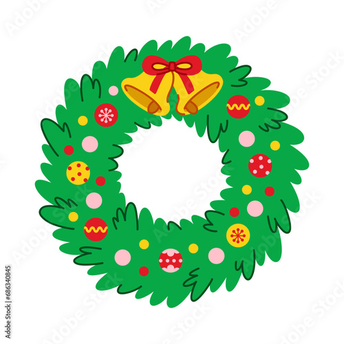 Christmas spruce wreath. Fir wreath decorated with Xmas decorations and bells in cartoon flat style. Isolated vector illustration on a white background. Perfect for New Year holiday design.