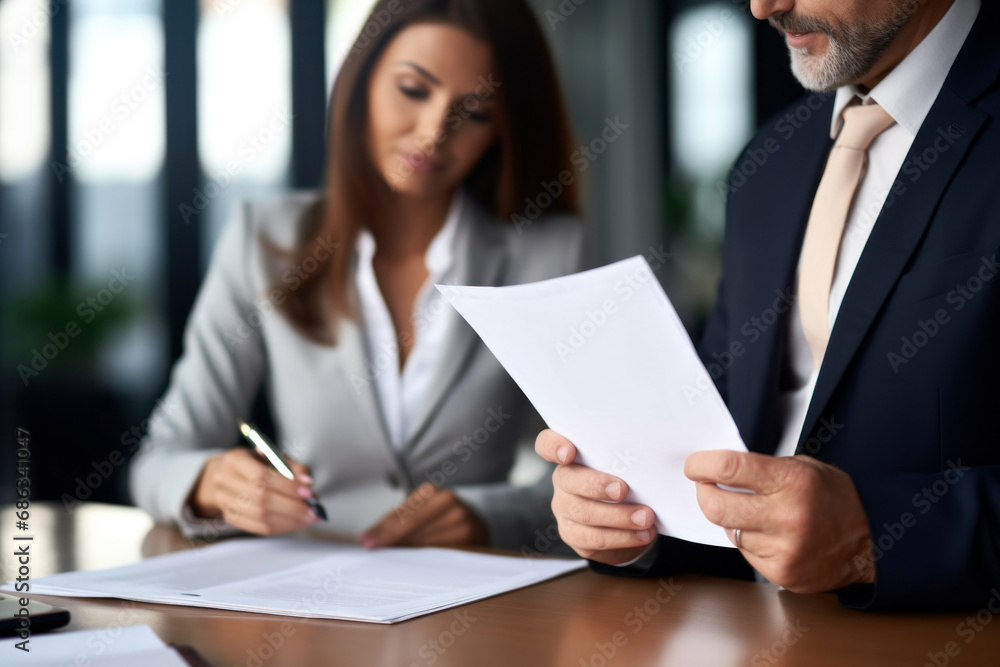 Two business professionals discussing a partnership contract at an office meeting. Corporate business meeting with businesswoman and businessman signing partnership contract. Two business professionals discussing a partnership contract at an office meeting. Corporate business meeting with businesswoman and businessman signing partnership contract.