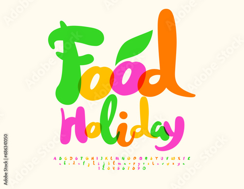 Vector Colorful banner Food Holiday. Playful bright Font. Funny Alphabet Letters and Numbers.