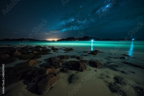 Gorgeous bioluminescent beach glowing at night under a stunning starry sky with low lighting. Generative AI