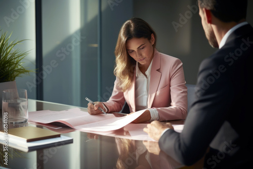 Two business professionals discussing a partnership contract at an office meeting. Corporate business meeting with businesswoman and businessman signing partnership contract. photo