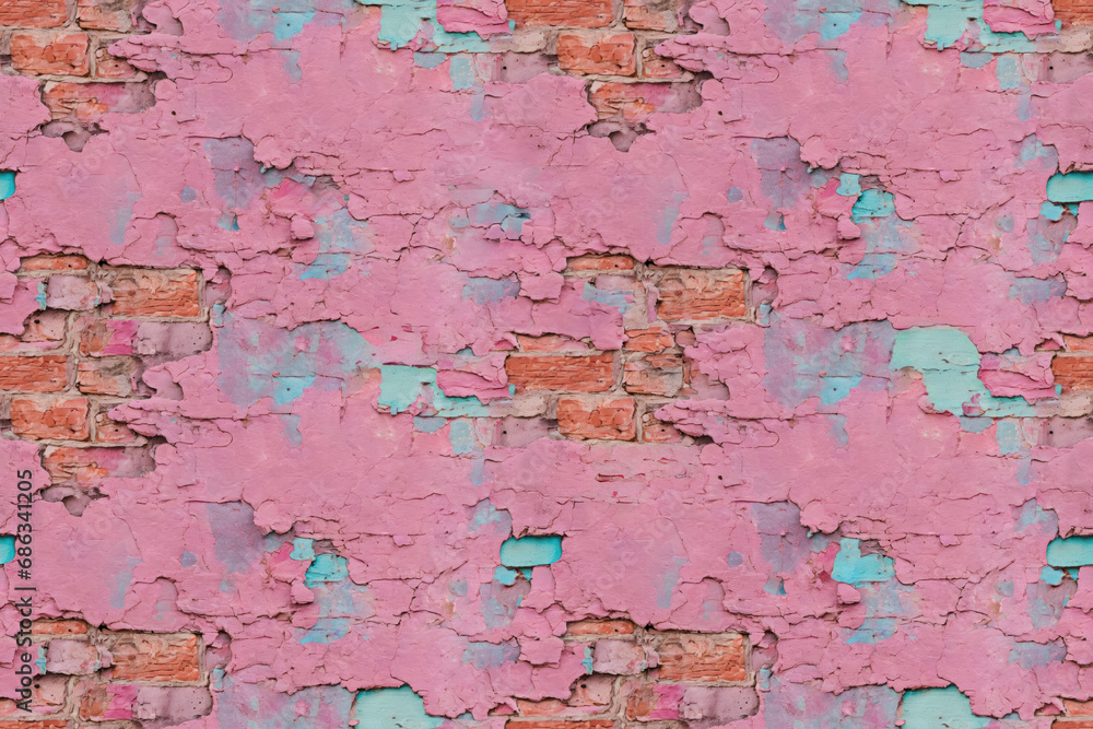old grungy brick wall texture with pink and blue paint peeling off