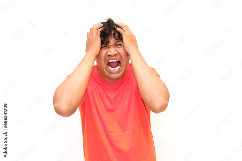 Handsome man depressed headache health medicine migraine, Asian man holding head feeling migraine pain, gesture of Asian man feeling dizzy for advertisement. Handsome man depressed headache health medicine migraine, Asian man holding head feeling migraine pain, gesture of Asian man feeling dizzy for advertisement.