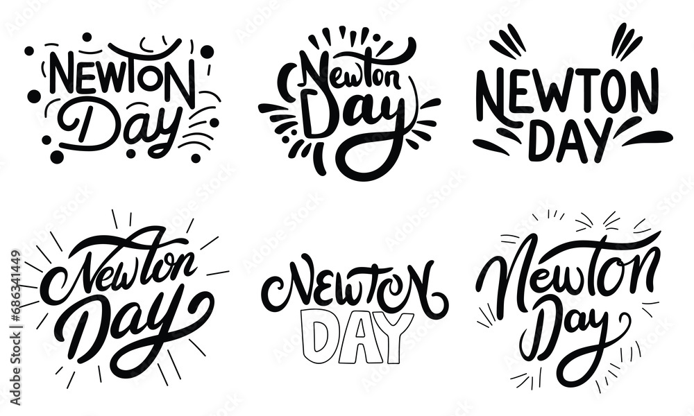 Collection of Newton Day text banner. Handwriting lettering Newton day text square composition. Hand drawn vector art.