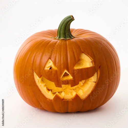 Close-up of a pumpkin with a carved face on a white background. Generative AI