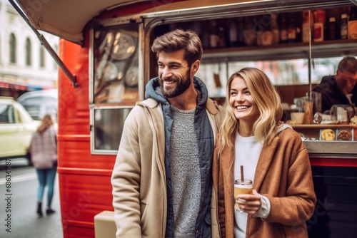 Fototapeta Naklejka Na Ścianę i Meble -  A break to buy food at a street stall, for a couple of young digital nomads.