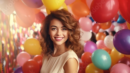 Happy fun young woman get a photo on celebrating with bunch of colorful balloons background