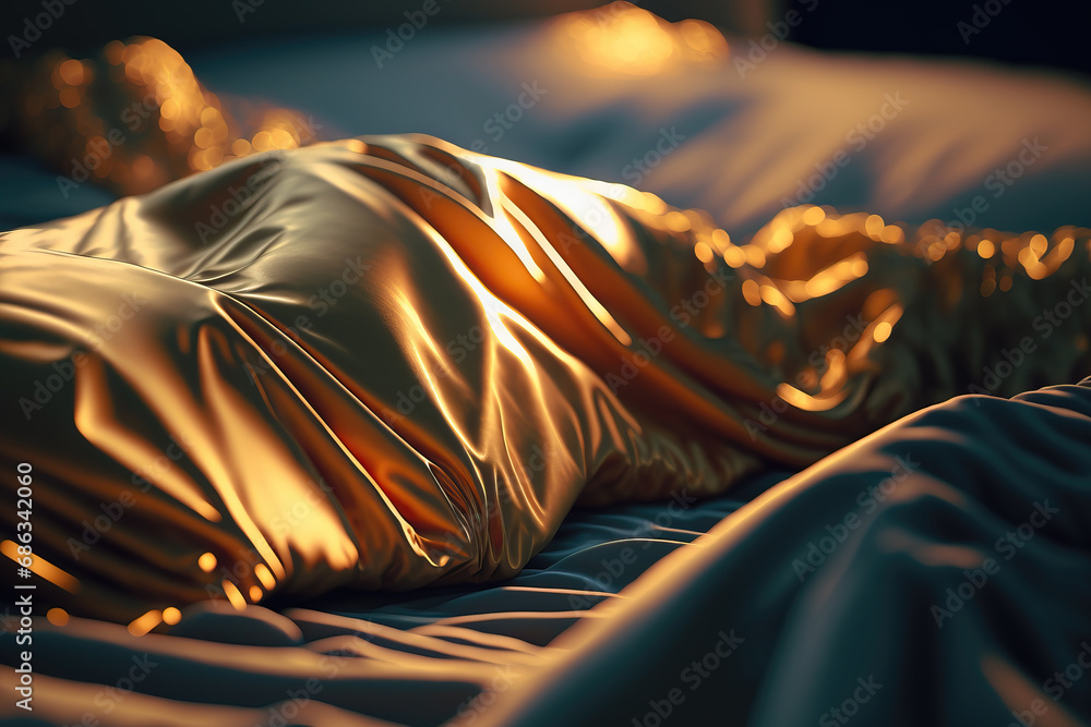 close-up of golden bedsheets with sunlight