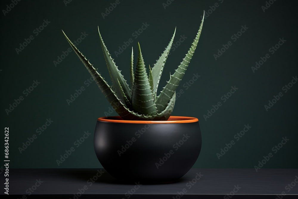 green decorative succulent plant in black pot, aloe, prickly green decorative succulent plant in black pot, aloe, prickly