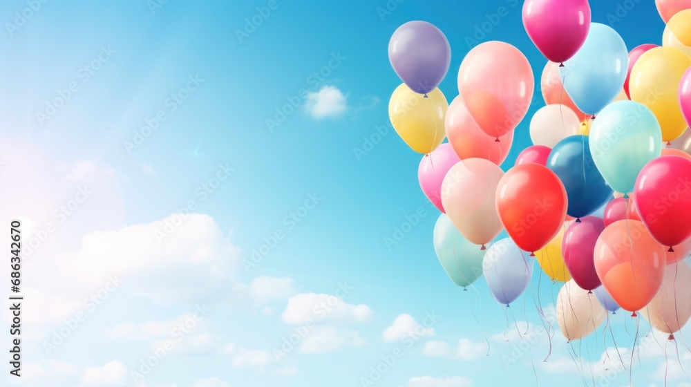 Colorful balloons flying very high in the blue sky background.