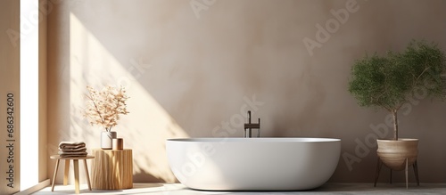 mock up bathroom interior with a wooden tub tall window and white vase on a concrete floor