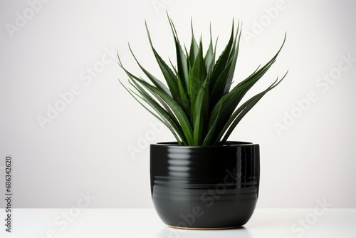 decorative succulent plant in black pot on white table  gray background