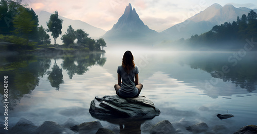 Woman sitting, rock, calm lake, reflection, mountains, mist, trees, sunrise, peaceful, meditation, serene, nature, tranquil, morning