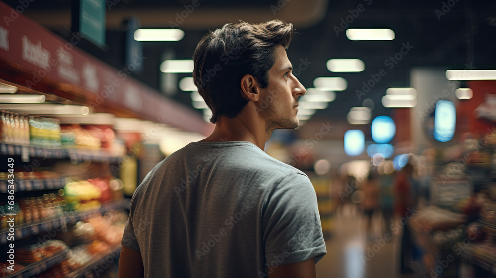 Portrait of a person navigating a grocery store, walking around selecting items from the shelves. Concept of Shopping Routine, Grocery Store Experience, Consumer Decision.