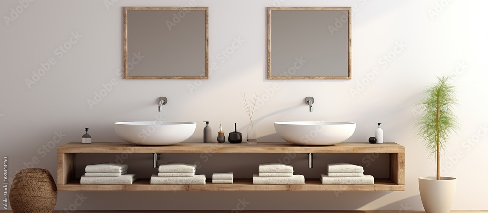 White sinks on wooden surface in a light bathroom with a mirror and a tray on a ceramic bathtub in an apartment White sinks on wooden surface in a light bathroom with a mirror and a tray on a ceramic bathtub in an apartment