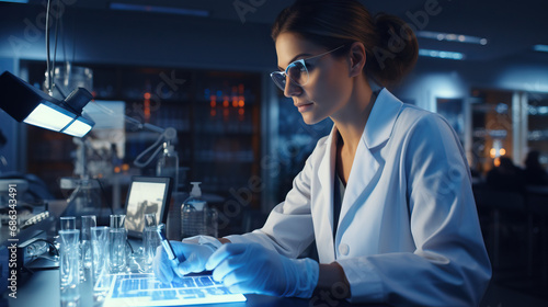 Portrait of a medical researcher working on groundbreaking innovations, with a lab setting and modern medical tools. Concept of Cutting-Edge Medical Research, Scientific Breakthroughs in Healthcare.