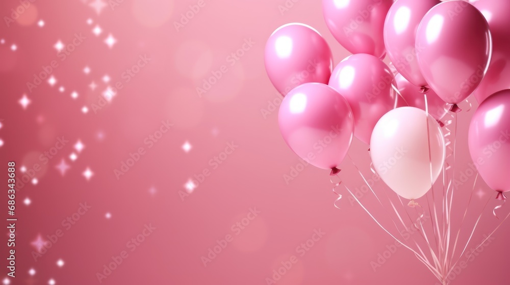 Pink balloons for birthday party poster or card with soft pik pastel background.