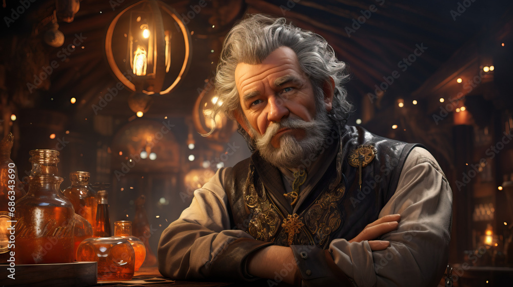 Portrait of a fantasy tavern owner with a wise and weathered look, surrounded by fantasy-themed decor and creatures. Concept of Fantasy Innkeeper or Pub Owner, Magical Inn.