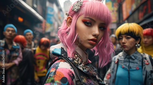 Individuals posing in colorful and avant-garde Harajuku fashion on the streets of Tokyo. Concept of Unique and Bold Street Style.