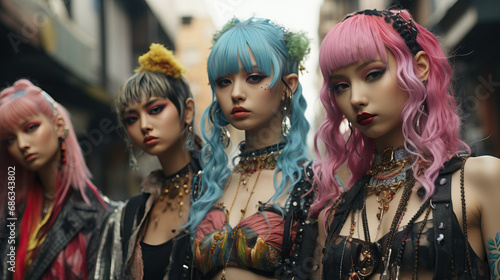 Individuals posing in colorful and avant-garde Harajuku fashion on the streets of Tokyo. Concept of Unique and Bold Street Style. photo