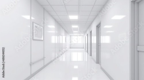 Empty hospital Office Building Corridor with Sparse Architecture and Window Views. Generative AI