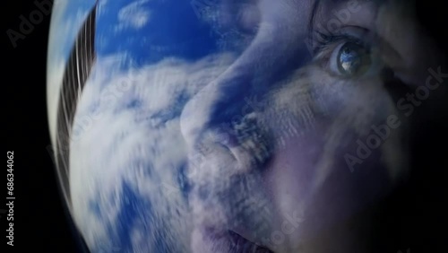 A surprised teenage boy examines the planet and starry galaxy wearing a spacesuit and a space helmet. Children's knowledge of space. Young astronaut looking from outer space. Future technologies