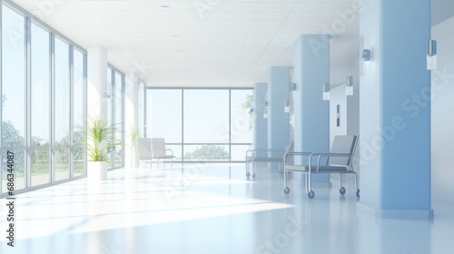 Empty hospital Office Building Corridor with Sparse Architecture and Window Views. Generative AI © anna