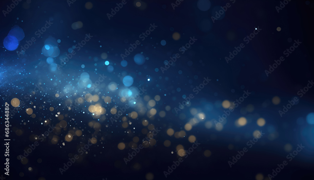 Dark blue bokeh background with sparkling star dust particles in motion, contemporary glitter opulent golden sparkles. Blurred, defocused, abstract background for Christmas. - obrazy, fototapety, plakaty 