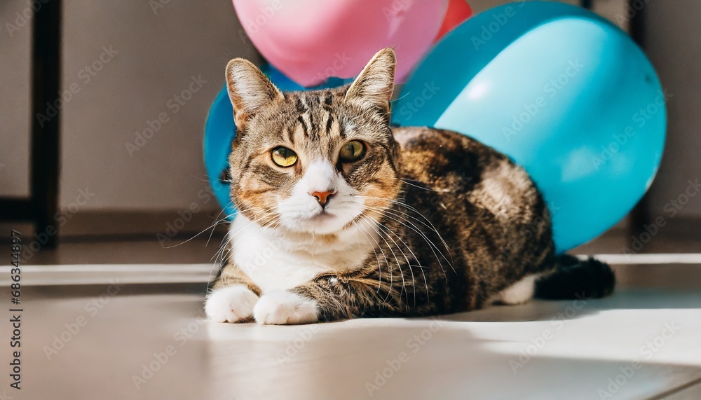 Naklejka premium cat with balloons and gifts
