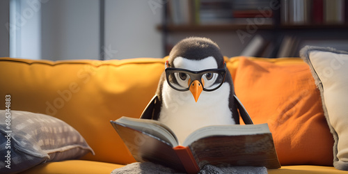 penguin wearing glasses reading book on sofa, learning and knowledge and wisdom concept, photo