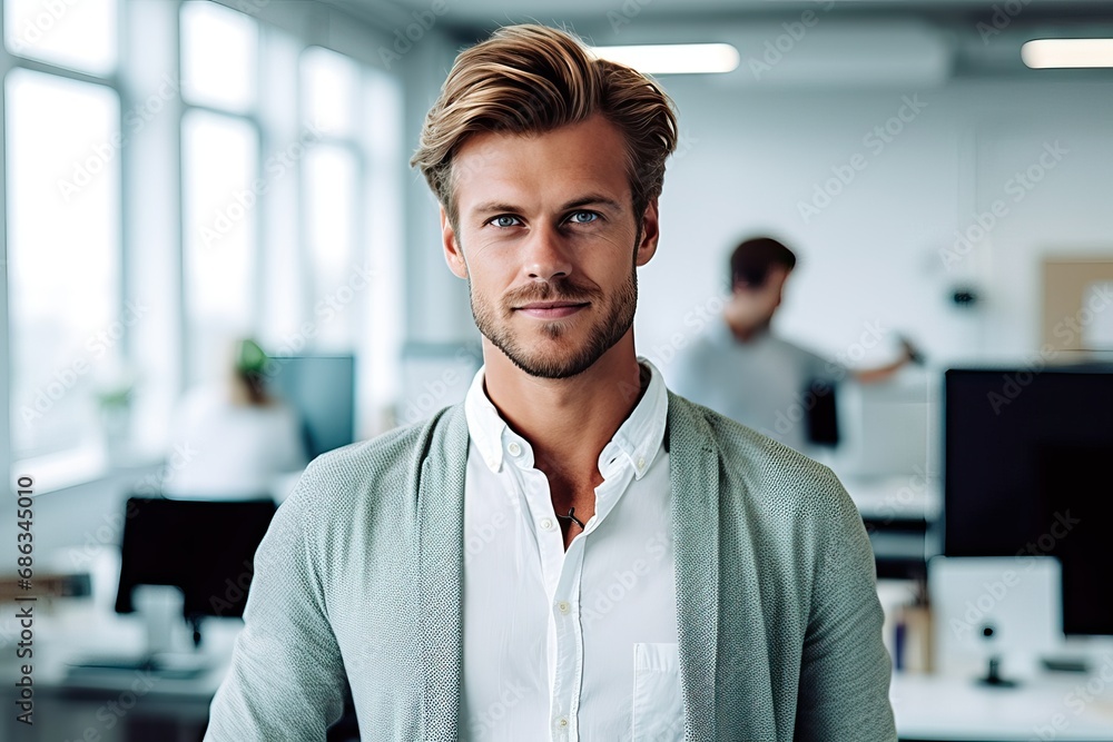 Portrait of a male professional standing in an office, Happy confident business man leader looking and Smiling manager executive, male worker feeling cheerful thinking of financial success Portrait of a male professional standing in an office, Happy confident business man leader looking and Smiling manager executive, male worker feeling cheerful thinking of financial success