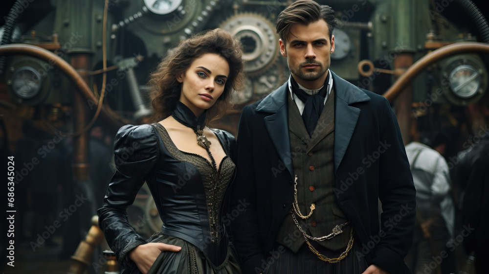individuals dressed in steampunk attire, posing against a backdrop of industrial or vintage machinery. Concept of Steampunk Fashion Portrayal  Style.