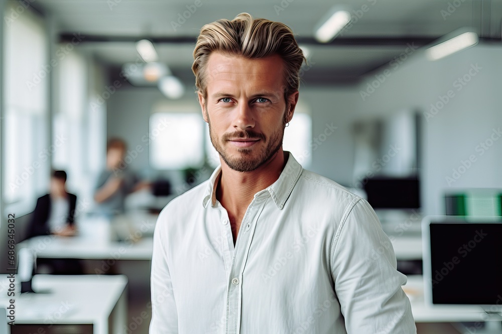 Obraz premium Portrait of a male professional standing in an office, Happy confident business man leader looking and Smiling manager executive, male worker feeling cheerful thinking of financial success