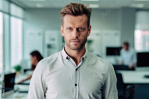 Portrait of a male professional standing in an office, Happy confident business man leader looking and Smiling manager executive, male worker feeling cheerful thinking of financial success