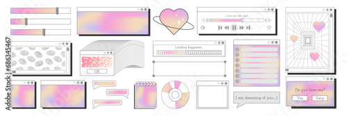 Retro computer interface in y2k style. Windows, player, loading and various PC elements. Romantic phrases and words.