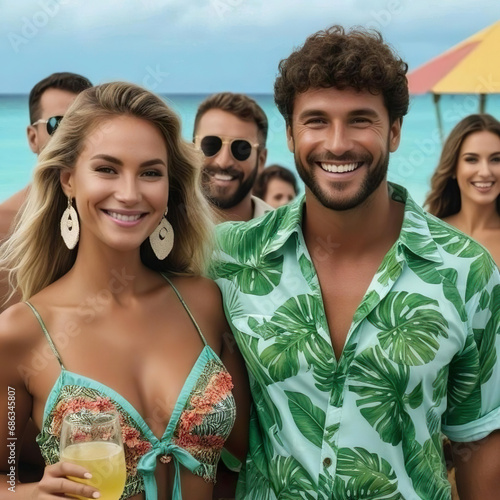 Retrato en grupo de personas sonriendo de vacaciones junto al mar tomando un refresco 