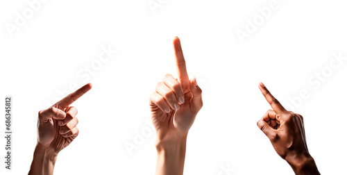 Conjunto de mãos apontando para o alto. Pacote de mão apontando pra cima com o dedo indicador, isoladas e em fundo transparente. photo
