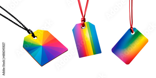 Conjunto de Etiquetas orgulho LGBTQIA+. Etiqueta retangular de arco-íris, pendurada por um cordão, visto de perto, isolado em fundo transparente. photo