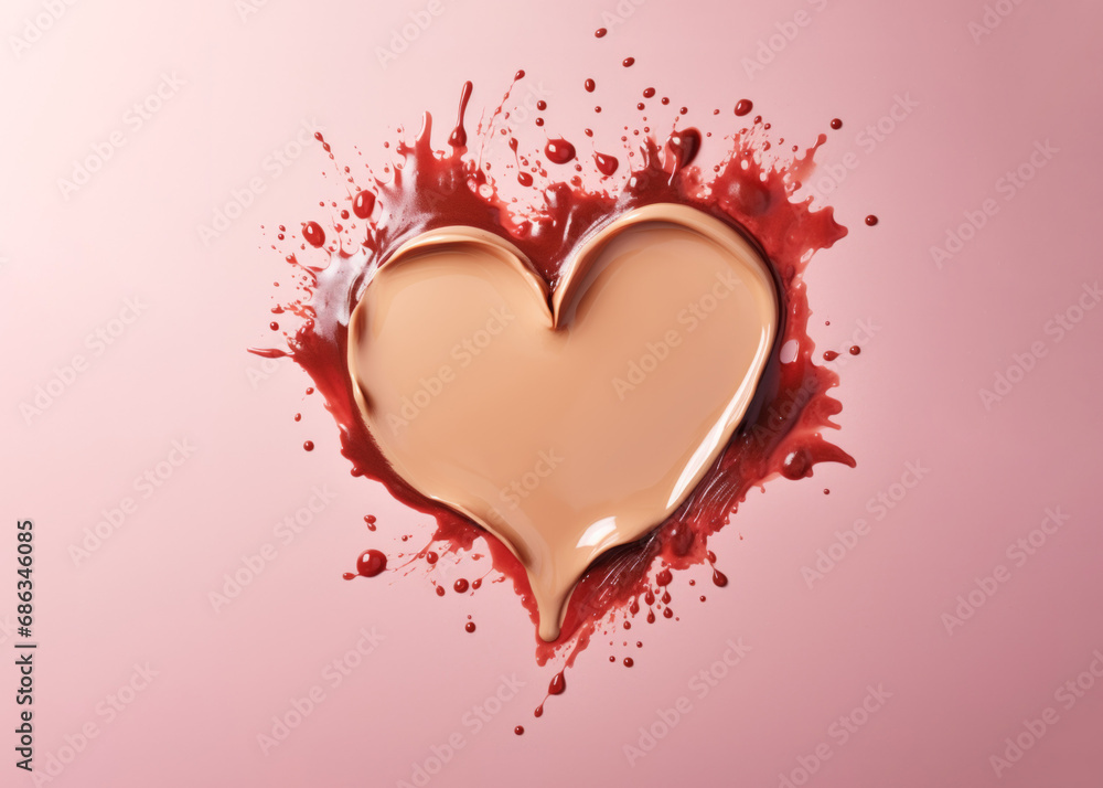 A romantic and creative heart shape made from splashing creamy liquid in a pastel soft color, against a light pink background with gentle shadows.
