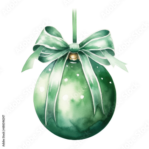 green watercolor Christmas ball with ribbon and a bow, isolated on background. Generative AI.