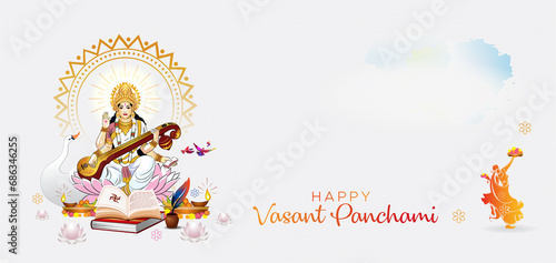 Happy Vasant Panchami festival. Indian hindu Goddess Saraswati worship and spring season background. photo