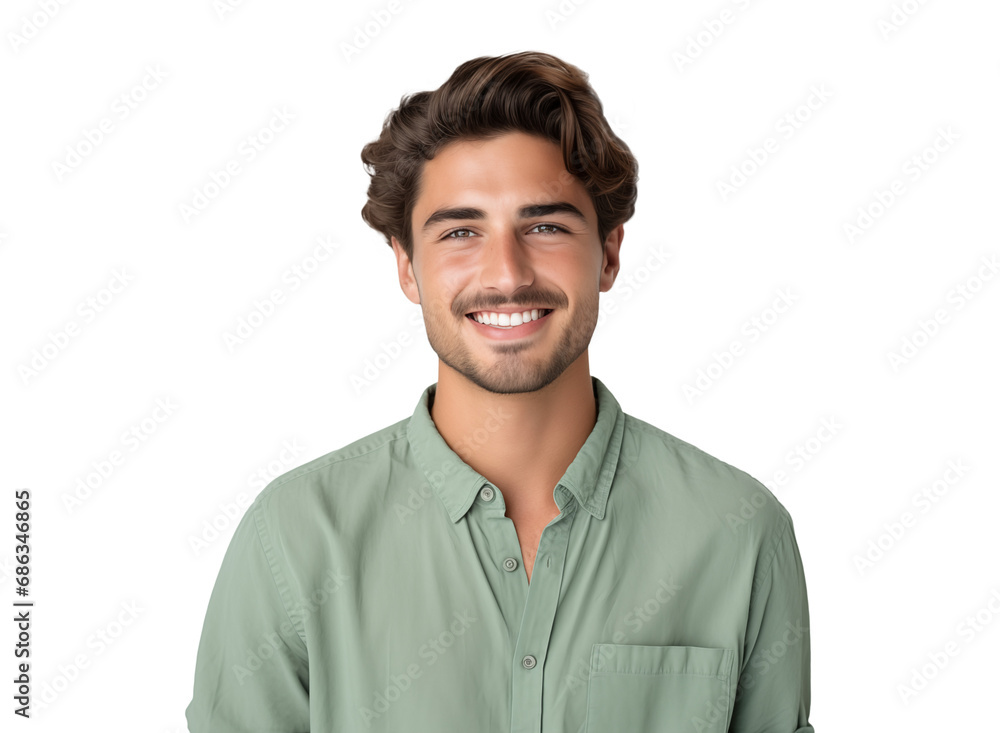 Fototapeta premium portrait of a happy young man with a friendly smile in mint green clothes, pleasant, cheerful, positive expression