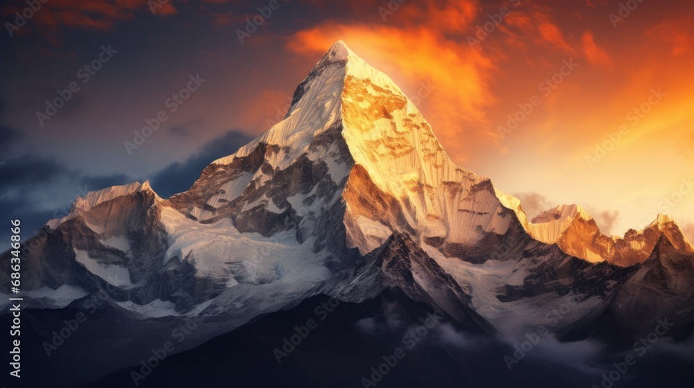 A breathtaking panoramic view during the evening of Mount Ama Dablam against a stunning sky, captured along the path leading to Everest Base Camp in the Khumbu Valley within Sagarmatha National Park
