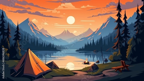 A conceptual art piece showcasing camping in a flat style illustration, featuring a picturesque landscape with a serene lake, towering mountains, lush forest