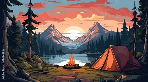 A conceptual art piece showcasing camping in a flat style illustration  featuring a picturesque landscape with a serene lake  towering mountains  lush forest