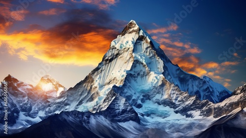 A breathtaking panoramic view during the evening of Mount Ama Dablam against a stunning sky, captured along the path leading to Everest Base Camp in the Khumbu Valley within Sagarmatha National Park