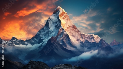 A breathtaking panoramic view during the evening of Mount Ama Dablam against a stunning sky, captured along the path leading to Everest Base Camp in the Khumbu Valley within Sagarmatha National Park photo
