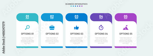 Timeline infographic with infochart. Modern presentation template with 5 spets for business process. Website template on white background for concept modern design. Horizontal layout.